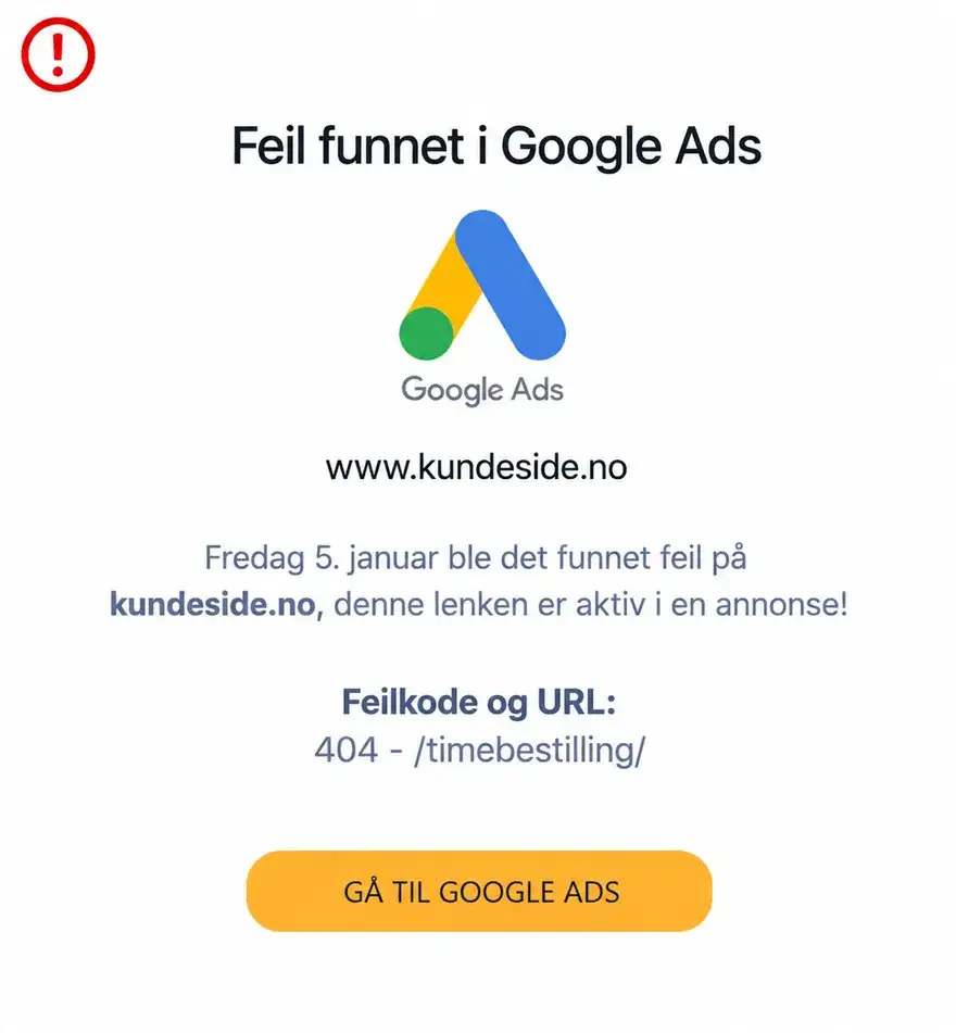 Varselkort: feil funnet i Google Ads-annonse for kundeside.no