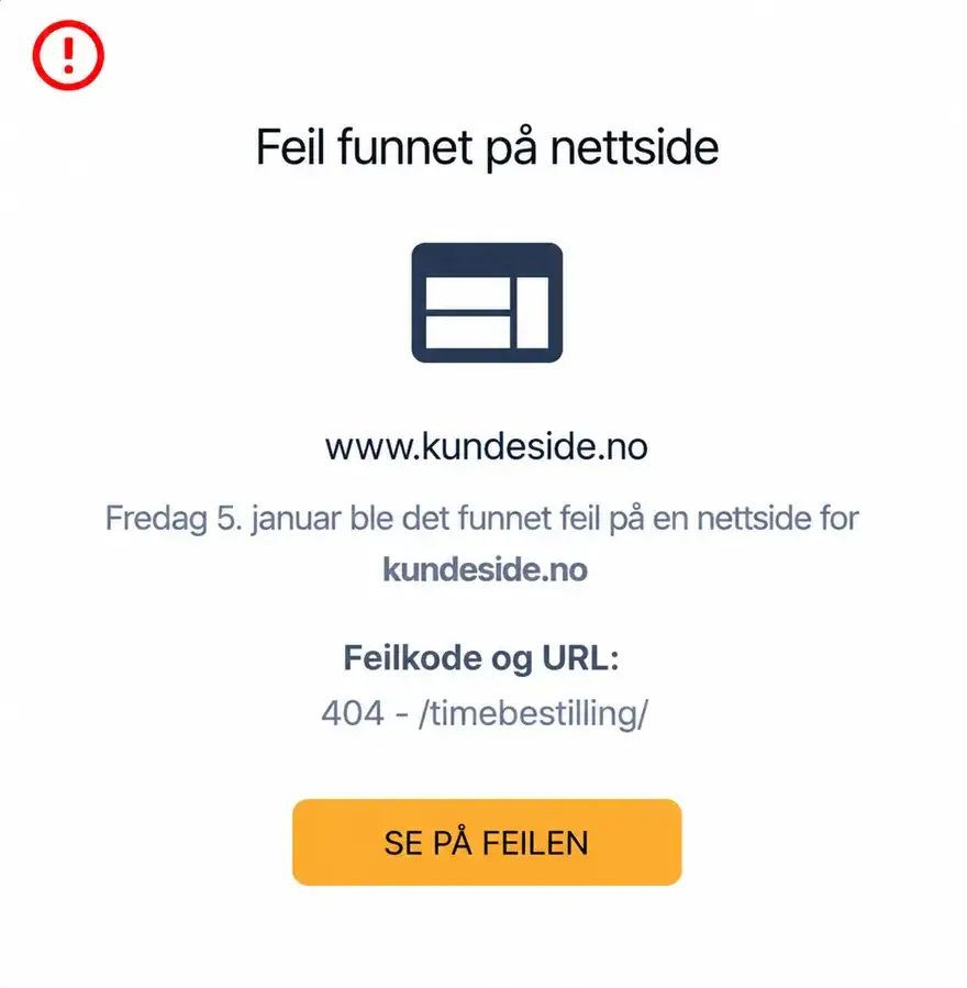 Varselkort: feil funnet på nettside (404) for kundeside.no