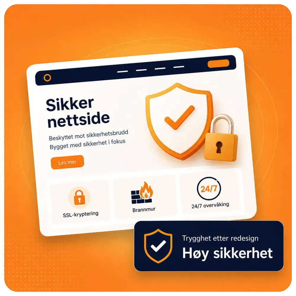 Illustrasjon av en sikker nettside med SSL, brannmur og 24/7 overvåkning